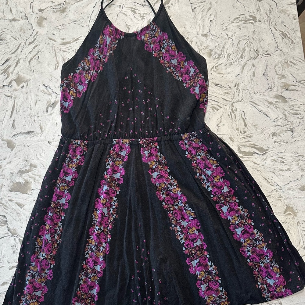 Free People Black and Purple Floral Mini Dress. Size Large